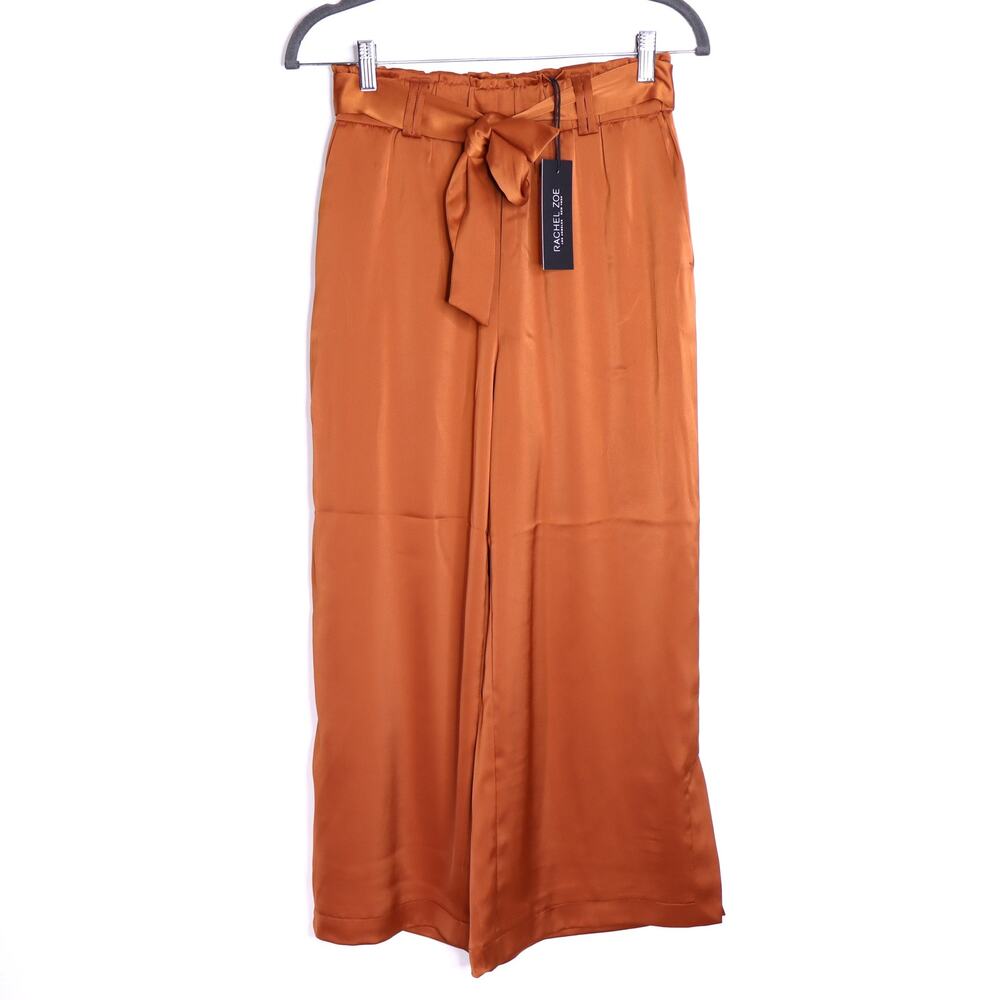 RACHEL ZOE Satin Belted Wide Leg Trouser Burnt Orange Pull On Women's XS